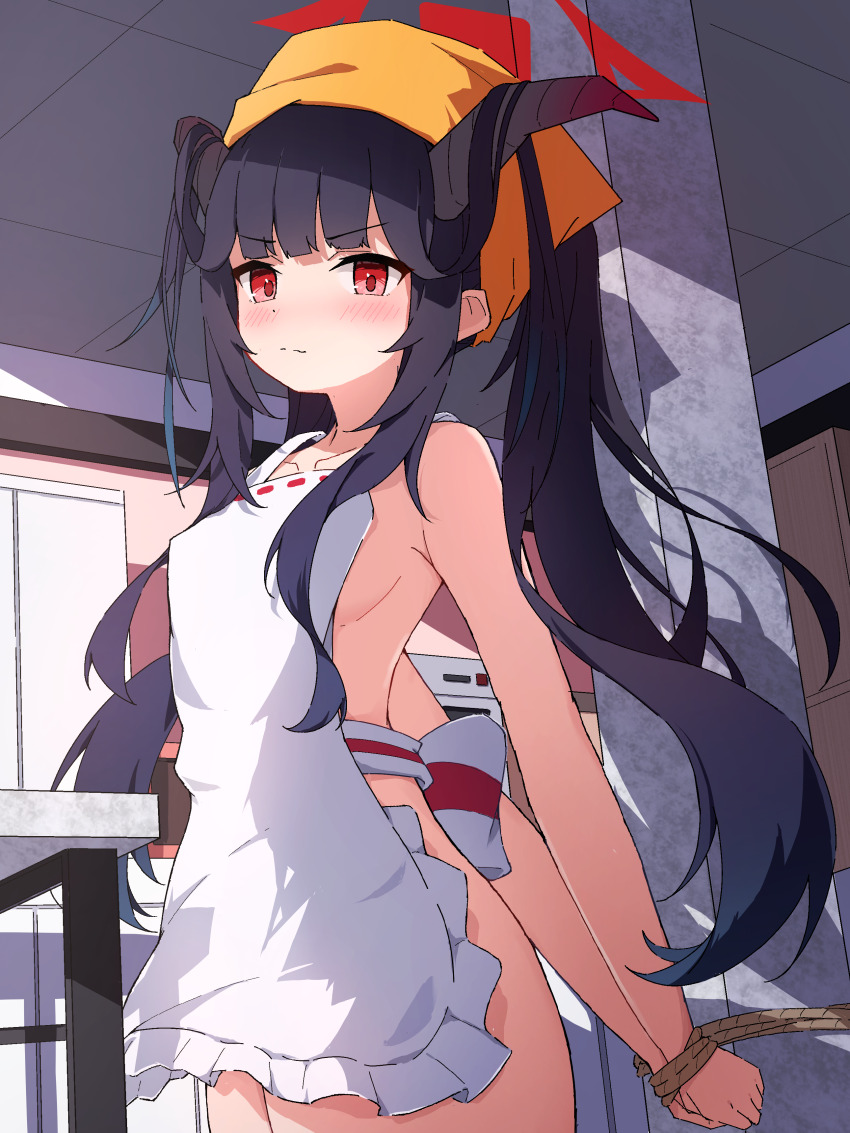 1girl, absurdres, apron, arms_behind_back, black_hair, blue_archive, blush, bound, bound_wrists, closed_mouth, demon_girl, demon_horns, fuuka_(blue_archive), hair_between_eyes, hat, highres, horns, loli, long_hair, looking_at_viewer, moru_(moru20000), naked_apron, no_bra, no_panties, no_pants, no_shirt, red_eyes, sidelocks, twintails, white_apron, yellow_hat