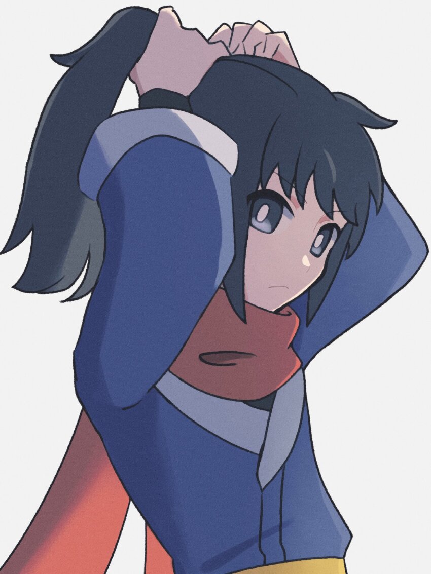 1boy, adjusting_hair, arms_up, black_hair, black_shirt, blue_jacket, bright_pupils, closed_mouth