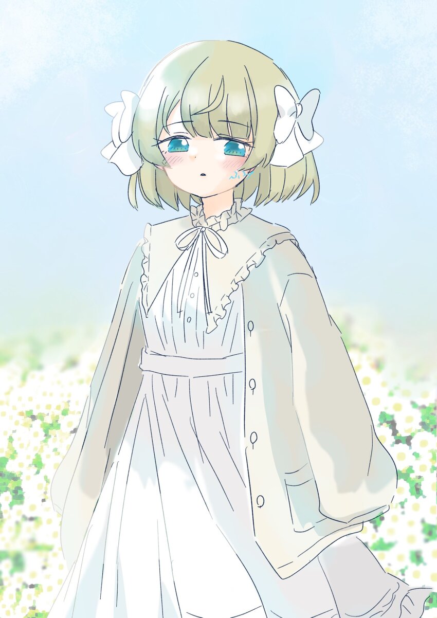 1girl, arms_at_sides, assault_lily, blonde_hair, blue_eyes, blue_sky, blurry, blurry_background