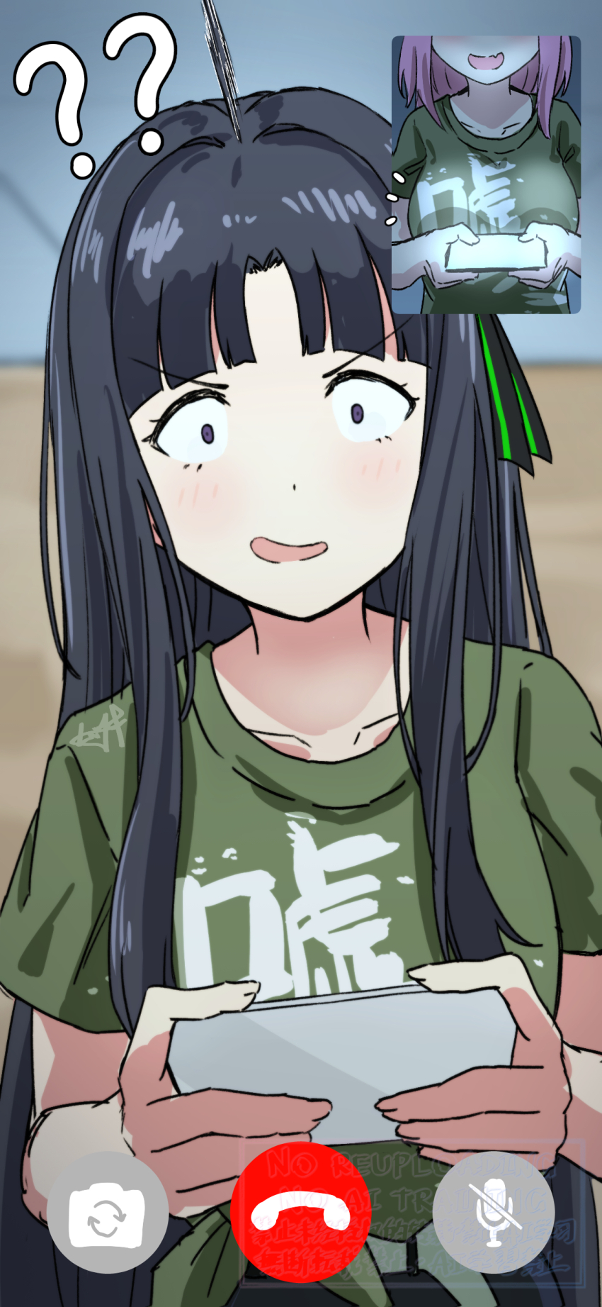 2girls, ?, ??, absurdres, ahoge, awa_subaru, black_hair, breast_envy