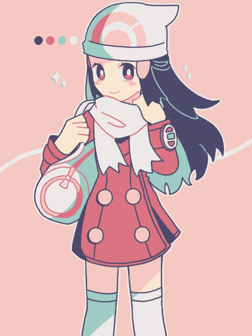 1girl, bag, beanie, black_hair, blush, bright_pupils, brown_eyes, buttons