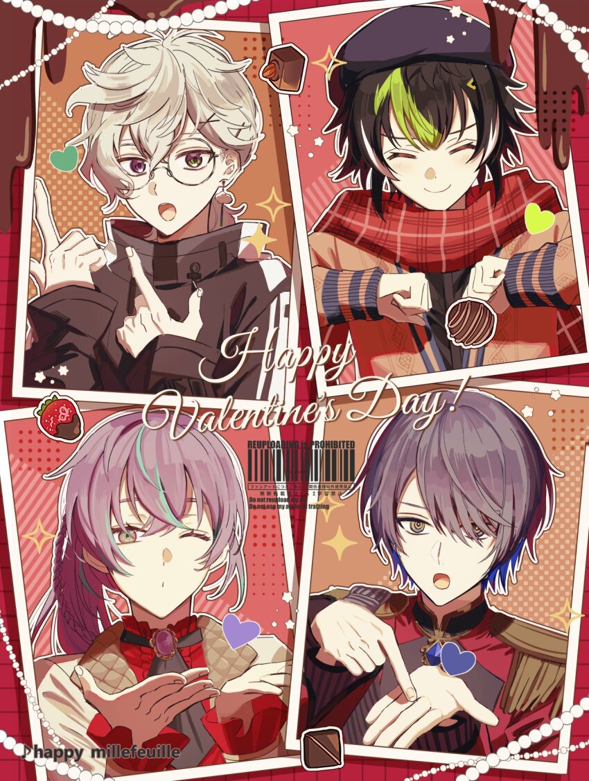 4boys, :o, ^_^, antenna_hair, ascot, beads, beret, black_ascot