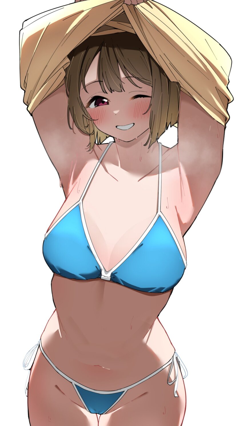 1girl, alternate_breast_size, armpits, arms_up, bikini, blue_bikini, blush, bob_cut