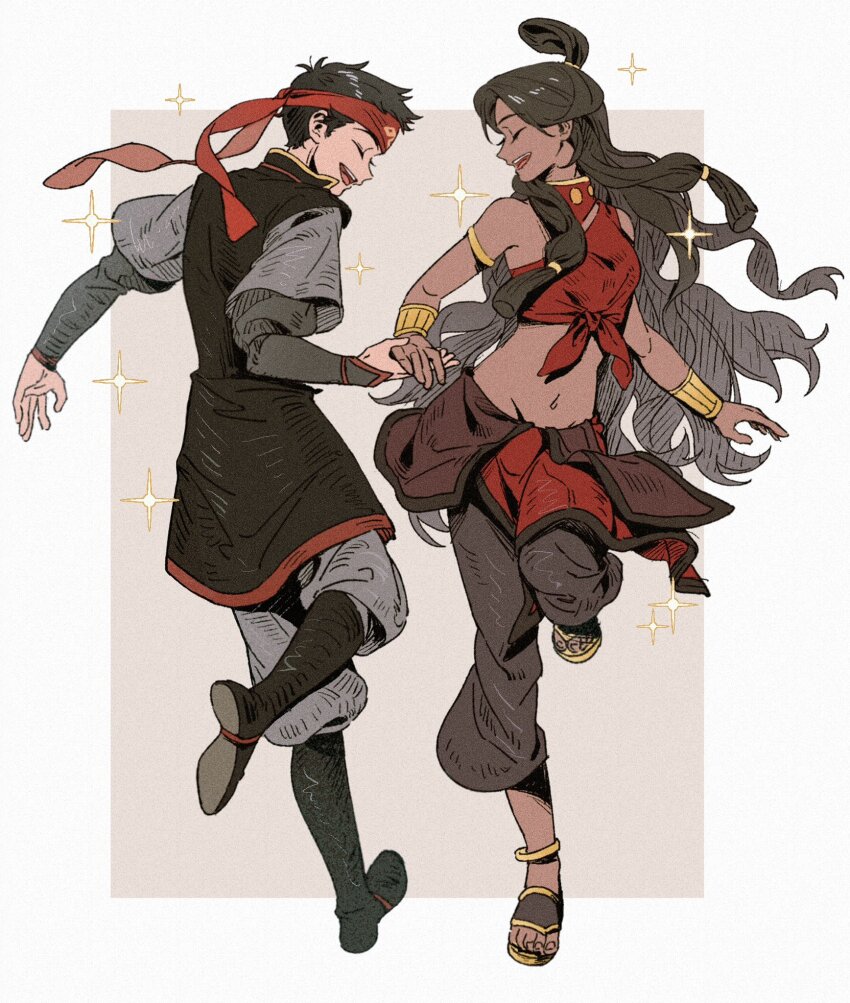 1boy, 1girl, aang, armlet, avatar:_the_last_airbender, avatar_legends, black_hair, black_pants