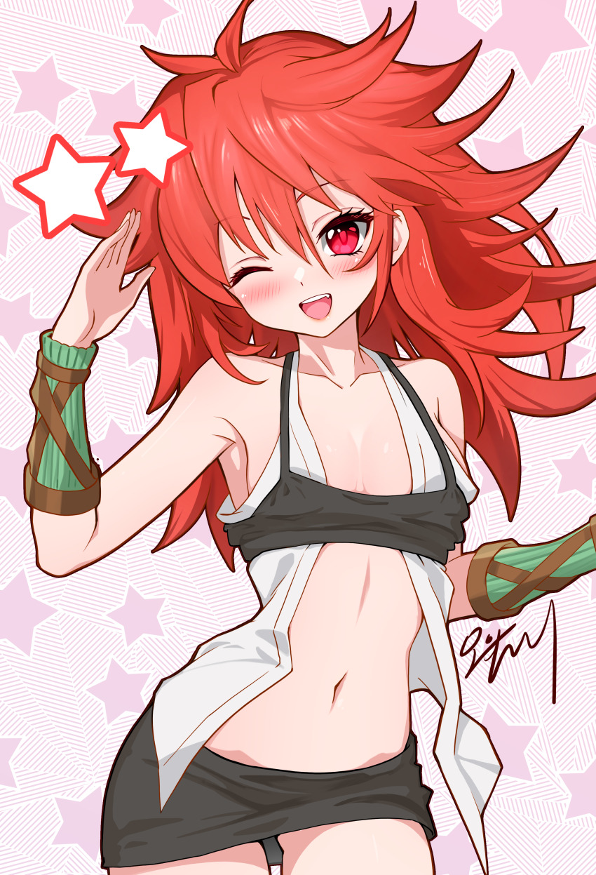1girl, ;d, absurdres, antenna_hair, arm_warmers, armpit_crease, bandeau, bare_shoulders