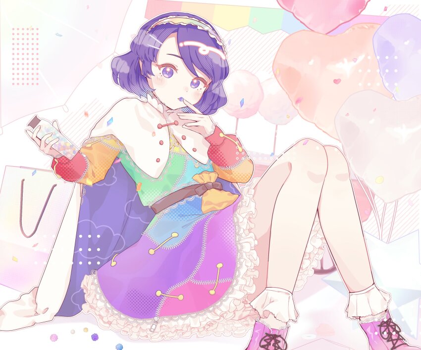 1girl, bag, balloon, bare_legs, belt, belt_pouch, boots, brown_belt