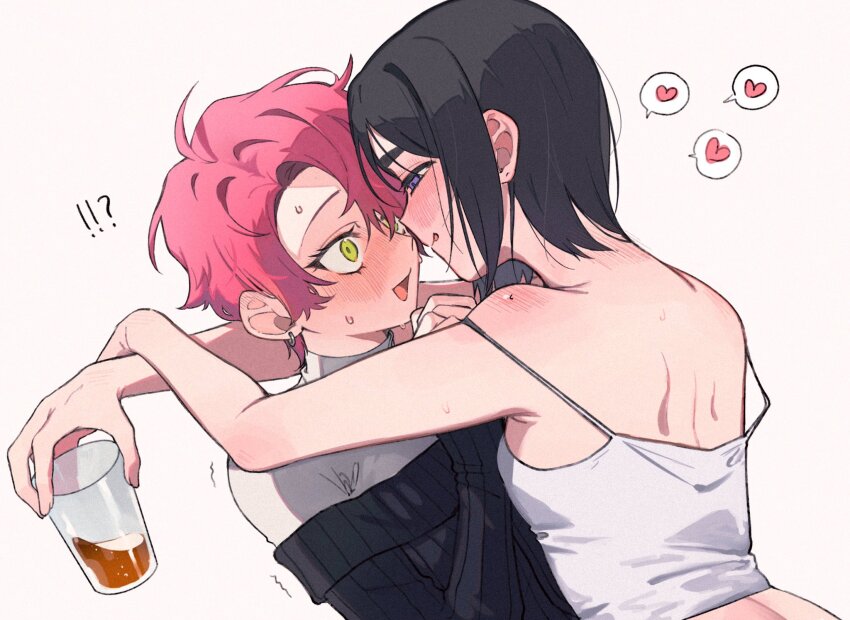 !?, 2girls, 4tsuba_kuma, alcohol, alien_stage, arms_around_neck, black_hair, black_sweater, blush, camisole, commentary, cup, drunk, earrings, heart, highres, holding, holding_cup, jewelry, mizi_(alien_stage), multiple_girls, off-shoulder_sweater, off_shoulder, open_mouth, pink_hair, purple_eyes, shirt, short_hair, spoken_heart, sua_(alien_stage), sweater, untranslatable_commentary, tongue, tongue_out, turtleneck, turtleneck_shirt, very_short_hair, white_camisole, white_shirt, yellow_eyes, yuri