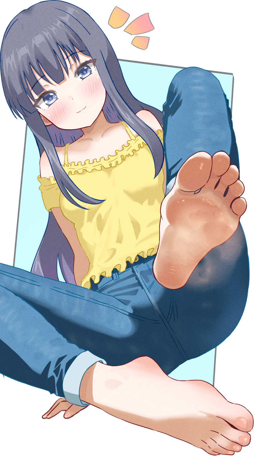1girl, absurdres, barefoot, black_hair, blue_eyes, blush, denim, feet, foot_focus, highres, jeans, long_hair, looking_at_viewer, misumi_aoi, off_shoulder, ongeki, pants, smile, soles, steam, toes, uroichi