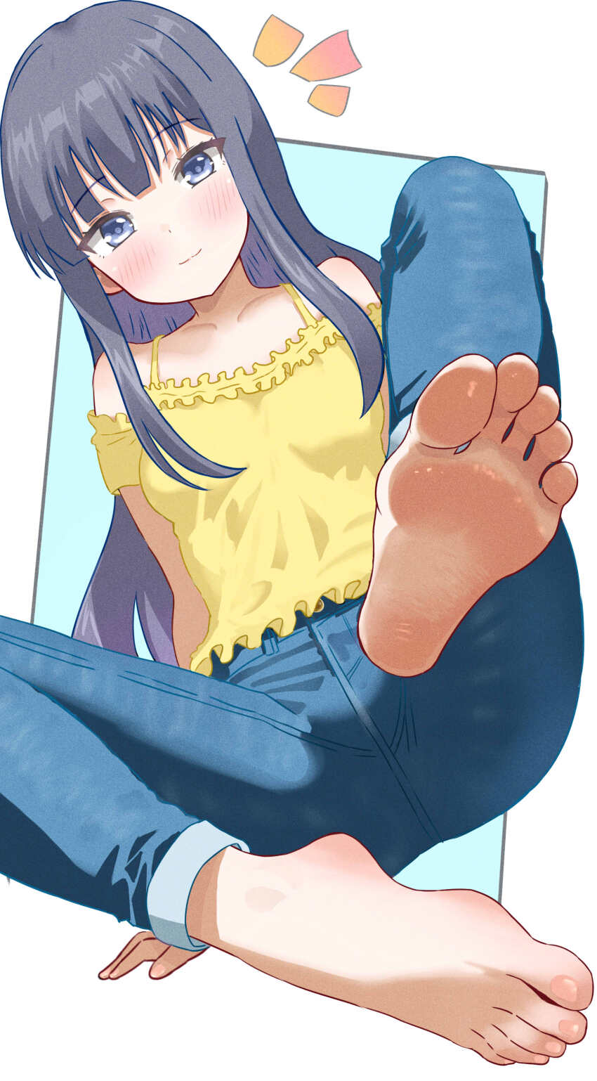 1girl, absurdres, barefoot, black_hair, blue_eyes, blush, denim, feet, foot_focus, highres, jeans, long_hair, looking_at_viewer, misumi_aoi, off_shoulder, ongeki, pants, smile, soles, toes, uroichi