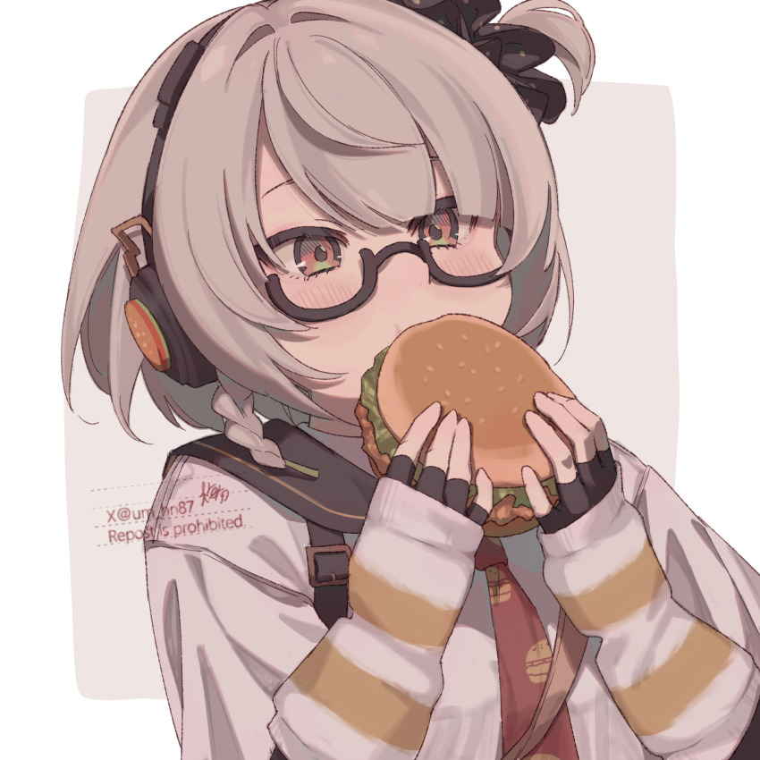1girl, anby_demara, black_gloves, braid, burger, burger_print, commentary_request, cowlick