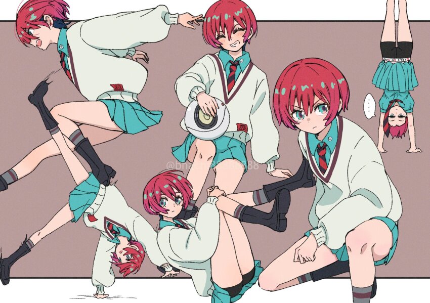 1girl, amate_yuzuriha, aqua_eyes, aqua_shirt, aqua_skirt, bhachi88888888, bike_shorts, black_boots