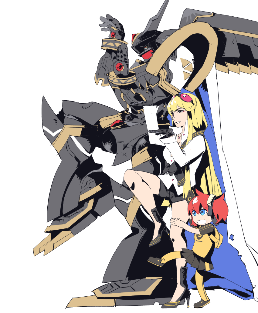2girls, absurdres, aiba_ami, alphamon, armor, black_armor, black_shorts, black_skirt, blonde_hair, chibi, dawu233, digimon, digimon_(creature), digimon_story:_cyber_sleuth, eyewear_on_head, forehead_jewel, full_body, group_pose, highres, knight, kuremi_kyouko, long_hair, multiple_girls, pink-tinted_eyewear, red_hair, shirt, shorts, simple_background, skirt, sunglasses, tinted_eyewear, white_background, white_shirt, yellow_shirt, yotsubato!, yotsubato!_pose