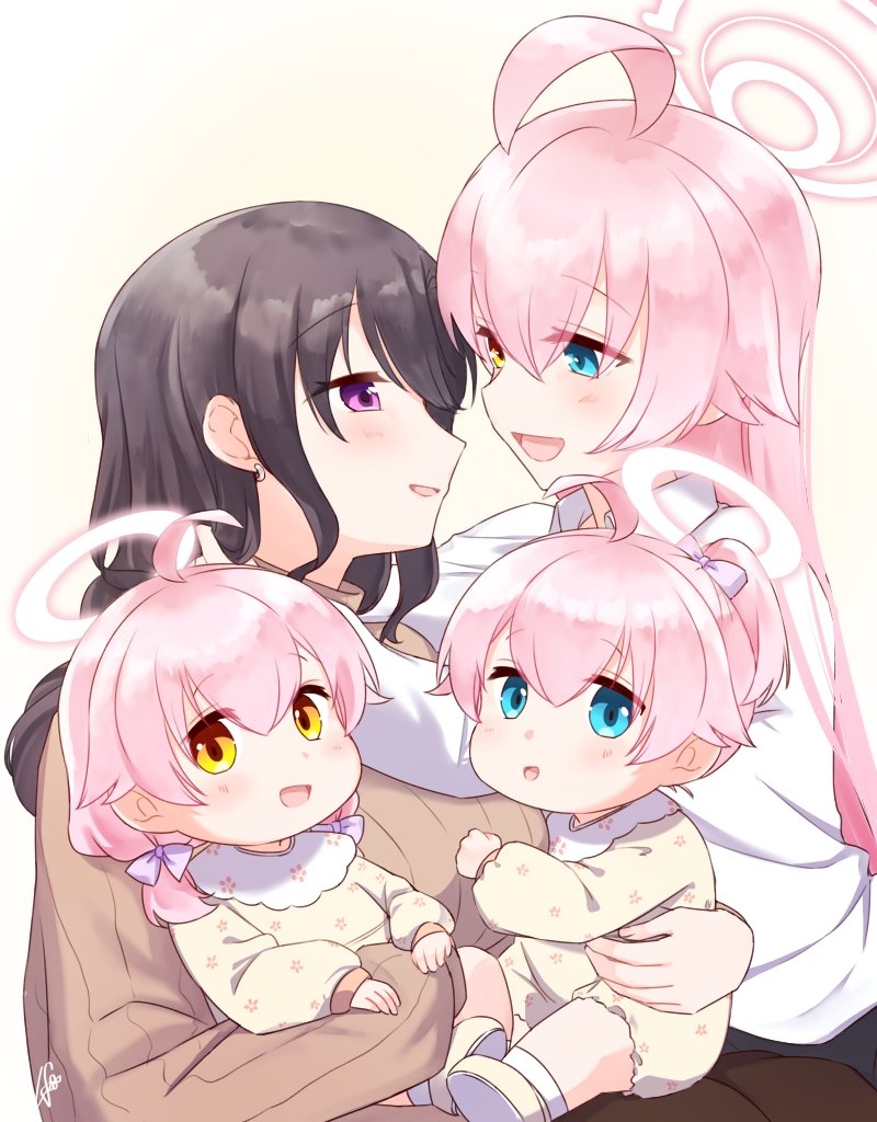 4girls, ahoge, baby, blue_archive, blue_eyes, brown_sweater, carrying, carrying_baby