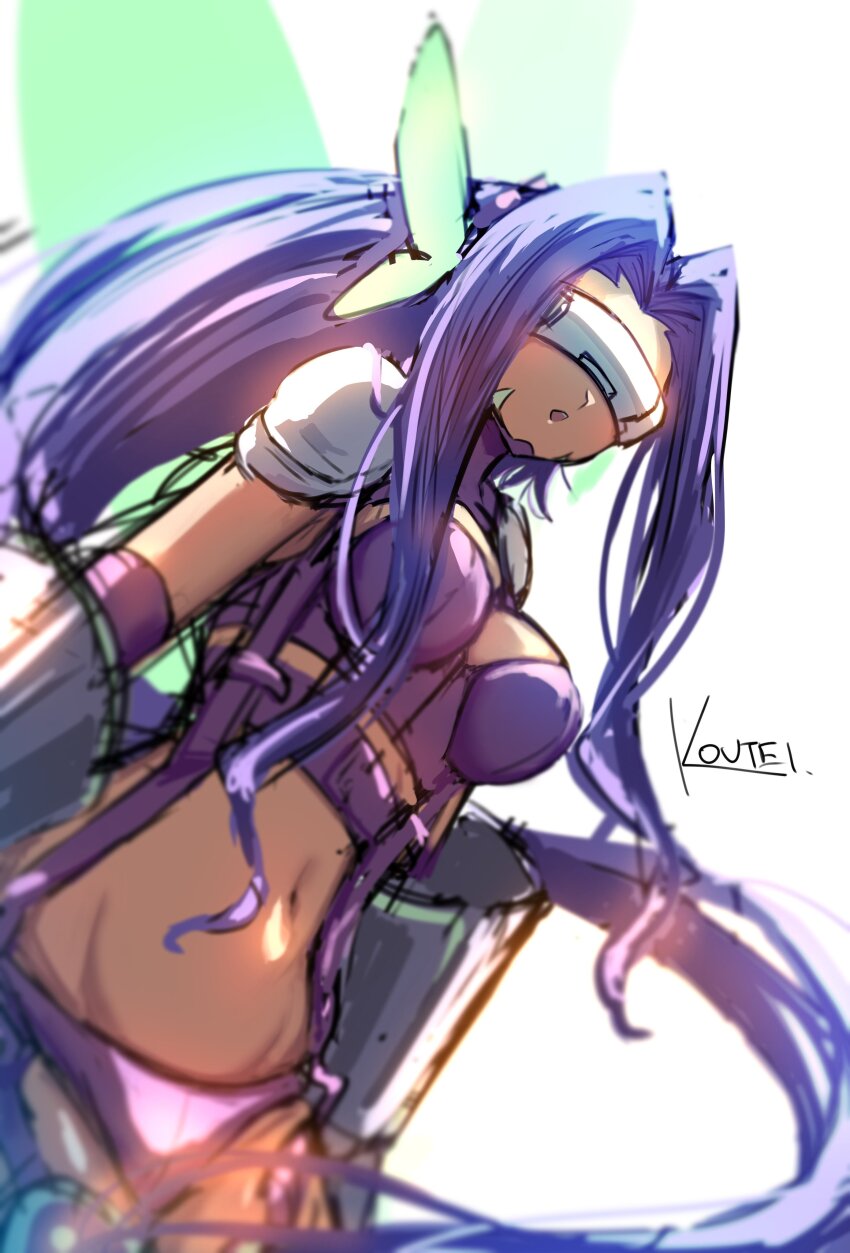 1girl, absurdres, artist_name, breasts, covered_eyes, cowboy_shot, digimon, digimon_(creature)