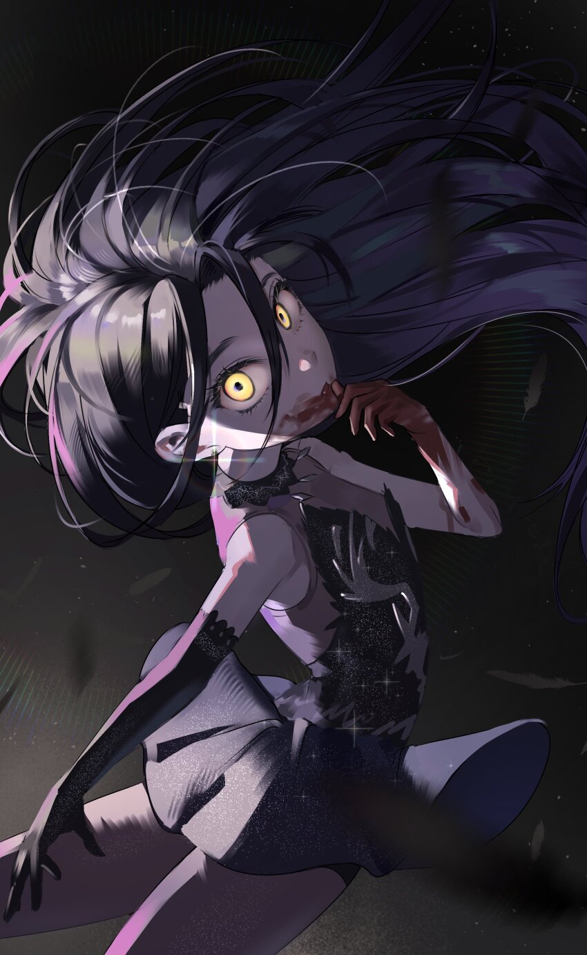1girl, absurdres, black_dress, black_hair, blood, blood_on_face, blood_on_hands, doldol_maeng, dress, elbow_gloves, expressionless, feathers, figure_skating_dress, floating_hair, gloves, highres, kamisaki_hikaru, long_hair, looking_at_viewer, medalist_(manga), solo, yellow_eyes