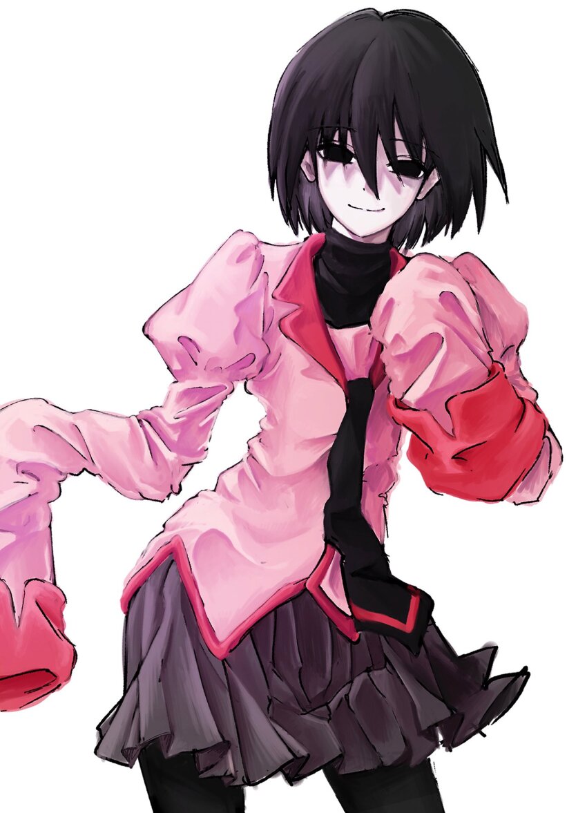 1girl, black_eyes, black_hair, highres, looking_at_viewer, monogatari_(series), naoetsu_high_school_uniform, oshino_ougi, pantyhose, pink_shirt, school_uniform, shirt, short_hair, simple_background, skirt, sleeves_past_fingers, sleeves_past_wrists, smile, solo, white_background, zipgagozip1