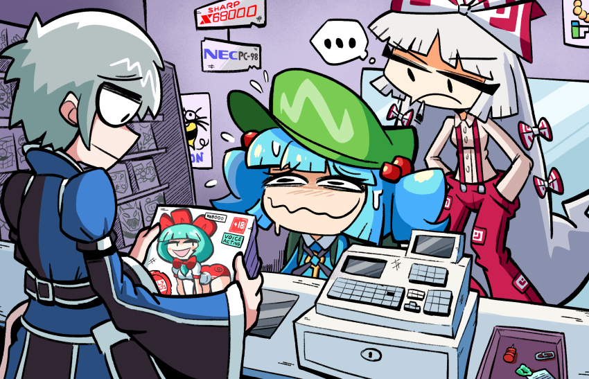 ..., 1boy, 2girls, blue_hair, bomberman, bow, cash_register, chewing_gum