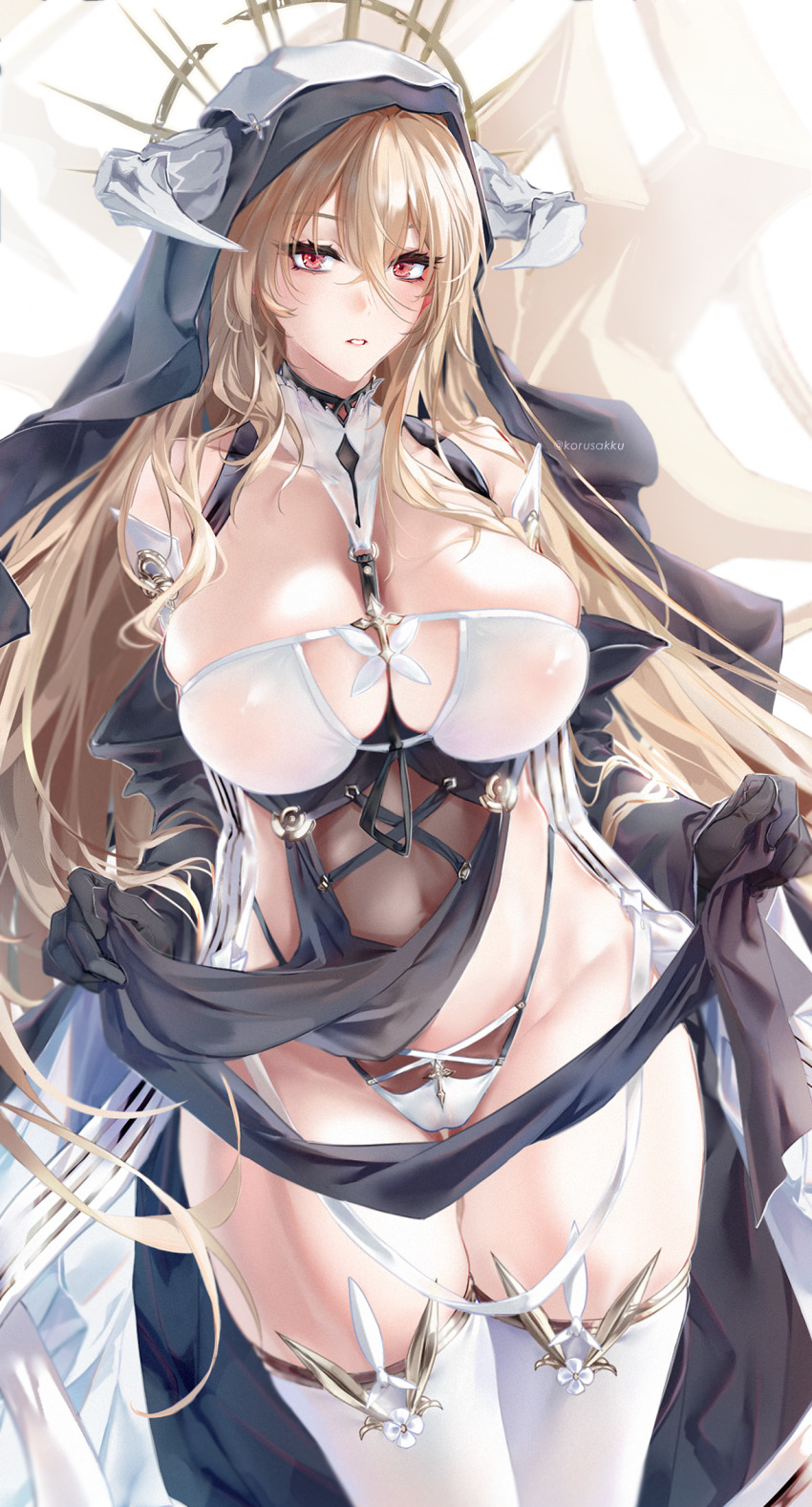 1girl, azur_lane, bare_hips, black_gloves, blonde_hair, breasts, cameltoe, clothes_lift