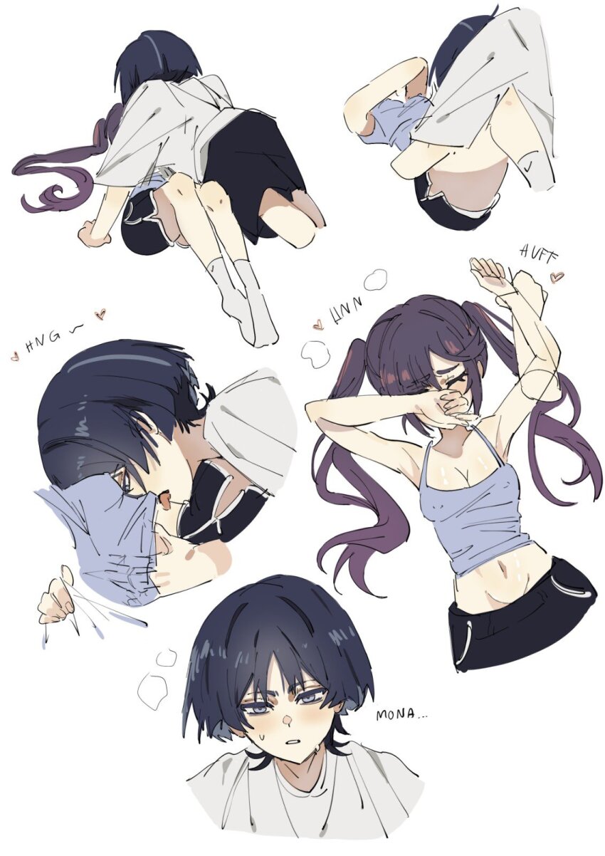 1boy, 1girl, alternate_costume, armpits, arms_up, black_shorts, blunt_ends, blush, boy_on_top, breasts, brown_hair, camisole, casual, choppy_bangs, cleavage, closed_eyes, clutching_blanket, contemporary, couple, covered_erect_nipples, dolphin_shorts, english_text, eyelashes, foreplay, genshin_impact, grey_camisole, grey_hair, groin, hair_between_eyes, half-closed_eyes, hand_under_clothes, hand_under_shirt, hetero, highres, holding_another's_wrist, licking, licking_stomach, long_hair, lying, medium_breasts, midriff_peek, moaning, mona_(genshin_impact), multicolored_hair, navel, on_back, scaramouche_(genshin_impact), sequential, shirt, short_sleeves, shorts, sidelocks, spaghetti_strap, streaked_hair, sweat, swept_bangs, tsurime, twintails, white_background, white_shirt, white_sleeves, ysnden