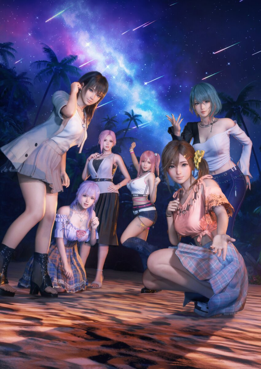 6+girls, absurdres, bare_shoulders, beach, belt, black_boots, black_hair, blue_eyes