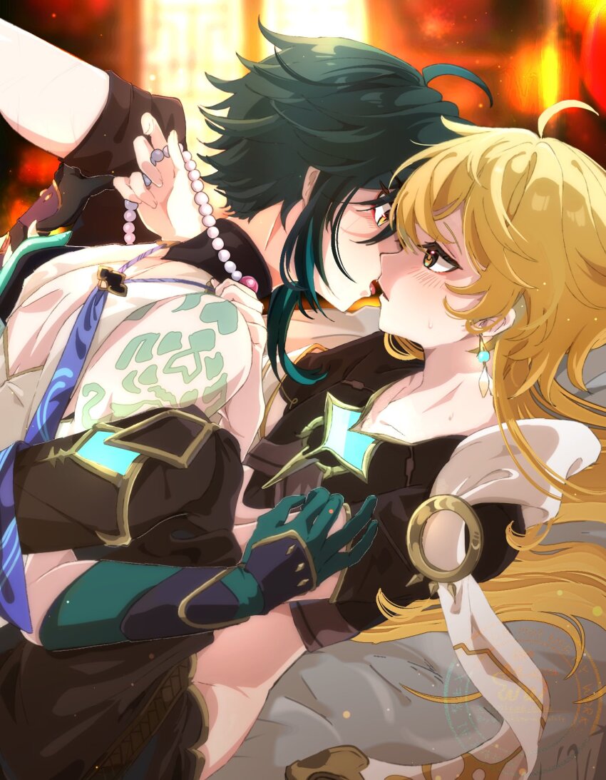 2boys, aether_(genshin_impact), ahoge, alternate_hairstyle, aqua_gloves, aqua_hair, arm_tattoo, asymmetrical_gloves