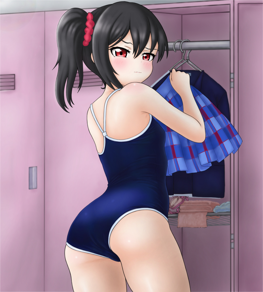 1girl, ass, black_hair, embarrassed, flat_chest, hairband, highres, locker, locker_room, looking_at_viewer, looking_back, love_live!, love_live!_school_idol_project, panties, red_eyes, school_swimsuit, skirt, swimsuit, thighs, twintails, underwear, undressing, unworn_panties, unworn_skirt, yazawa_nico, yozora_takayama
