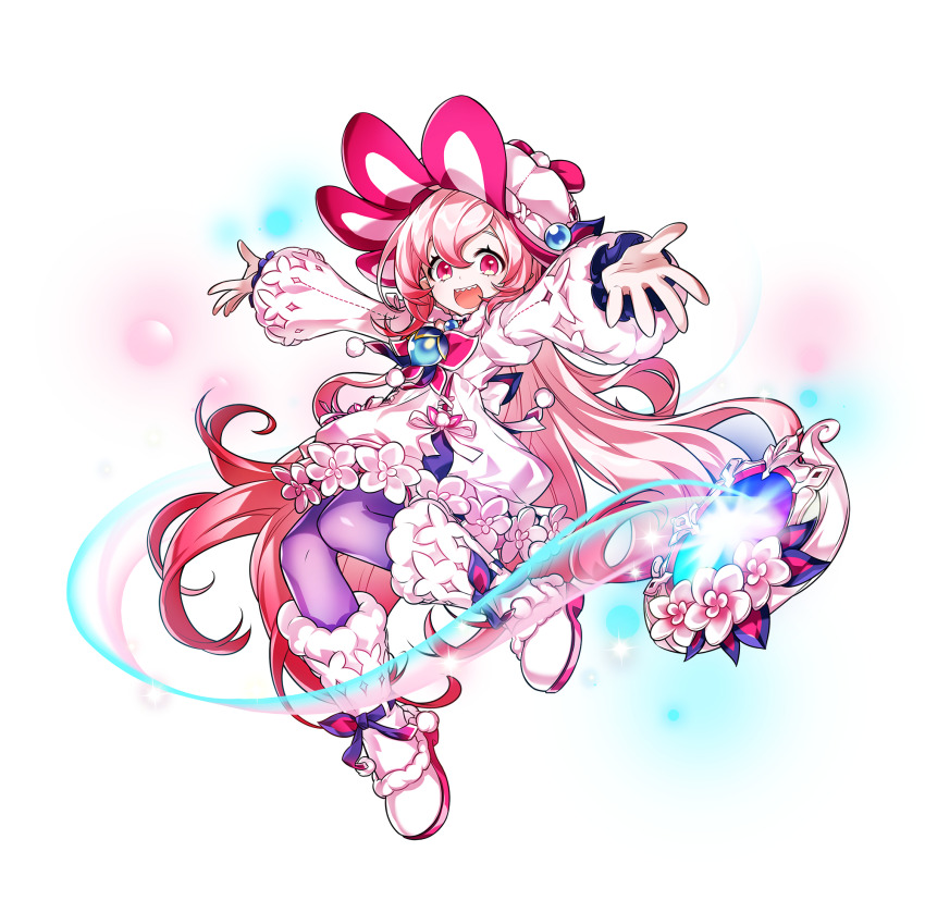 1girl, arms_up, artist_request, boots, bow, bubble_skirt, dress, dress_flower, dress_ribbon, elsword, eyelashes, floating, floating_object, flower, footwear_bow, frilled_sleeves, frills, full_body, fur-trimmed_boots, fur_trim, gradient_hair, hair_between_eyes, happy, hat, highres, laby_(elsword), long_hair, looking_at_viewer, magic, mirror, multicolored_hair, nisha_(elsword), official_alternate_costume, official_art, open_mouth, orb, palms, pantyhose, pink_eyes, pink_flower, pink_hair, pom_pom_(clothes), puffy_sleeves, purple_bow, purple_pantyhose, ribbon, second-party_source, sharp_teeth, shining_romantica_(elsword), short_dress, sidelocks, skirt, slit_pupils, smile, solo, sweater, sweater_dress, tachi-e, tareme, teeth, transparent_background, two-sided_fabric, two-sided_headwear, upper_teeth_only, very_long_hair, white_boots, white_flower, white_hat, white_ribbon, white_sweater