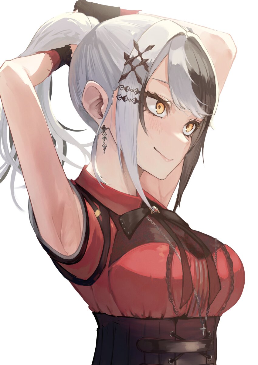 1girl, 2ababa9, absurdres, armpits, black_corset, black_hair, closed_mouth, corset, dress, earrings, hair_ornament, highres, hololive, hololive_english, jewelry, multicolored_hair, necklace, ponytail, red_dress, shiori_novella, shiori_novella_(casual), simple_background, smile, solo, split-color_hair, tying_hair, virtual_youtuber, white_background, white_hair, yellow_eyes