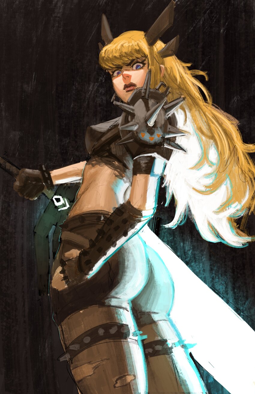 1girl, absurdres, armor, ass, black_gloves, blonde_hair, blue_eyes, breasts, cleavage, crop_top, gloves, highres, holding, holding_sword, holding_weapon, huge_weapon, long_hair, looking_at_viewer, magik_(x-men), marvel, marvel_rivals, short_shorts, shorts, solo, sword, titann, weapon, x-men