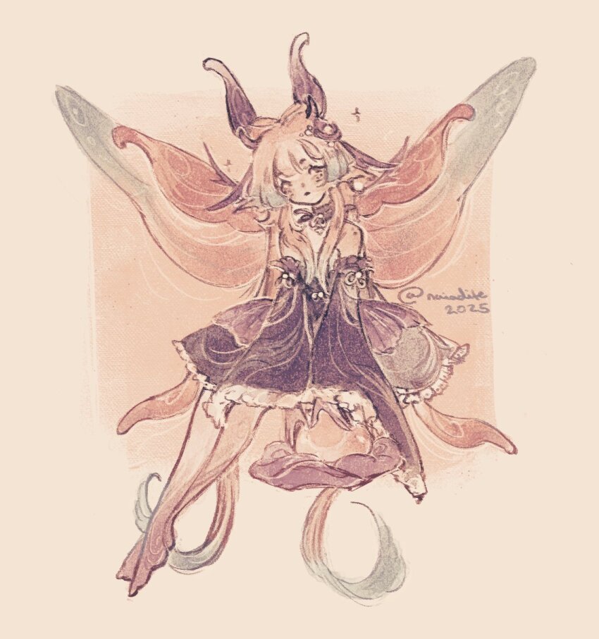 1girl, alternate_design, arthropod_girl, artist_name, bare_shoulders, blue_horns, blunt_bangs, bow-shaped_hair