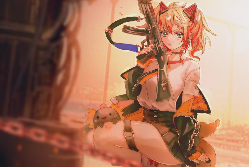 1girl, axel_syrios, axel_syrios_(1st_costume), axelotl_(axel_syrios), axolotl, black_choker, black_nails, black_skirt