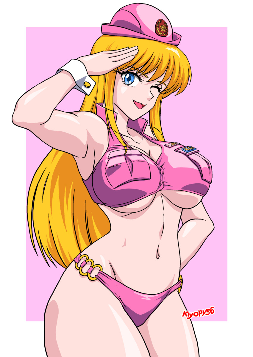 1girl, ;d, akimoto_katherine_reiko, artist_name, bikini, blonde_hair, blue_eyes, breasts