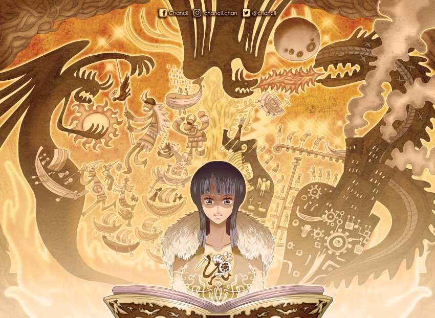 1girl, absurdres, black_hair, blunt_bangs, boat, book, capelet, chancil