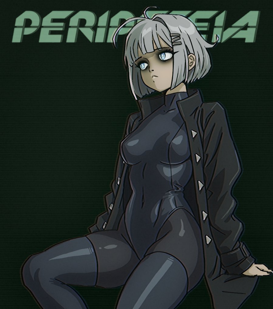 1girl, ahoge, arms_at_sides, black_bodysuit, black_coat, black_eyeshadow, black_leotard, black_thighhighs, blue_eyes, bodysuit, bodysuit_under_clothes, breasts, bright_pupils, buttons, coat, commentary, copyright_name, covered_navel, csaurageul, dark_background, english_commentary, eyeshadow, feet_out_of_frame, frown, green_background, grey_hair, hair_intakes, hair_ornament, hairclip, latex, latex_bodysuit, latex_leotard, latex_thighhighs, leotard, leotard_over_bodysuit, looking_to_the_side, makeup, marie_(peripeteia), medium_breasts, open_clothes, open_coat, patterned_background, peripeteia, popped_collar, scanlines, short_hair, sidelighting, sitting, skin_tight, solo, thighhighs, trench_coat, triangle_button, white_pupils