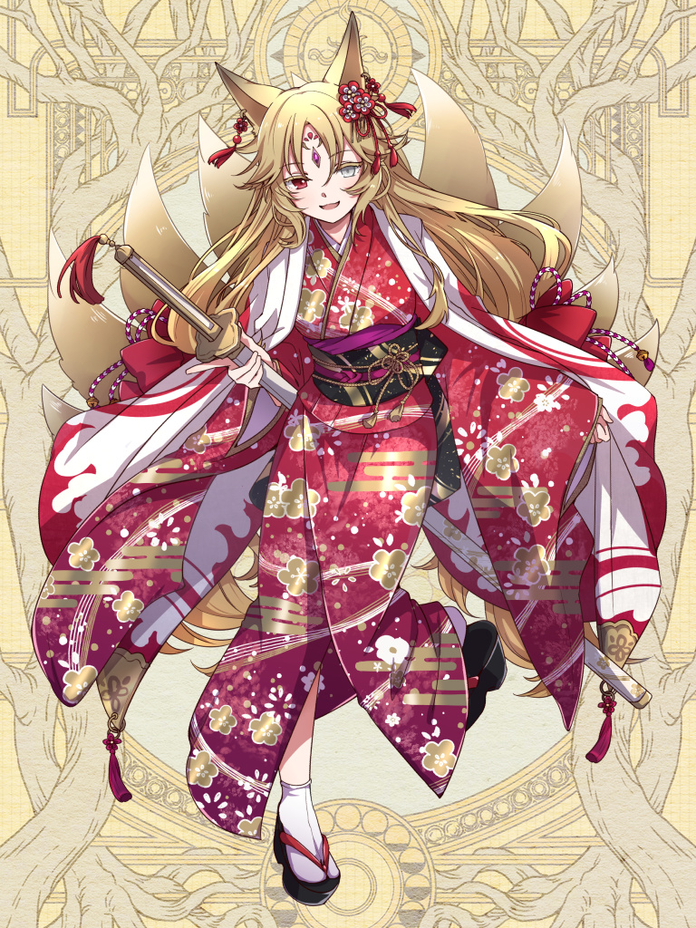 1girl, :d, airi_ganguru, animal_ears, blonde_hair, dairoku_ryouhei, egasumi, facial_mark, forehead_mark, fox_ears, fox_girl, full_body, heterochromia, japanese_clothes, kimono, kitsune, kyuubi, long_hair, multiple_tails, obi, open_mouth, print_kimono, red_eyes, red_kimono, sash, sheath, sheathed, smile, socks, solo, sowa_(tw6), standing, sword, tail, weapon, whisker_markings, white_eyes, white_socks, wide_sleeves, yellow_background