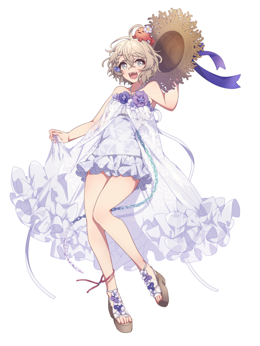 1girl, :d, animal, animal_on_head, braid, chain, dairoku_ryouhei, dress, dress_flower, flower, full_body, grey_eyes, hair_between_eyes, halterneck, hat, hat_ribbon, highres, kenmi_eto, on_head, open_mouth, purple_dress, purple_ribbon, ribbon, sandals, simple_background, smile, solo, sowa_(tw6), standing, straw_hat, unworn_hat, unworn_headwear