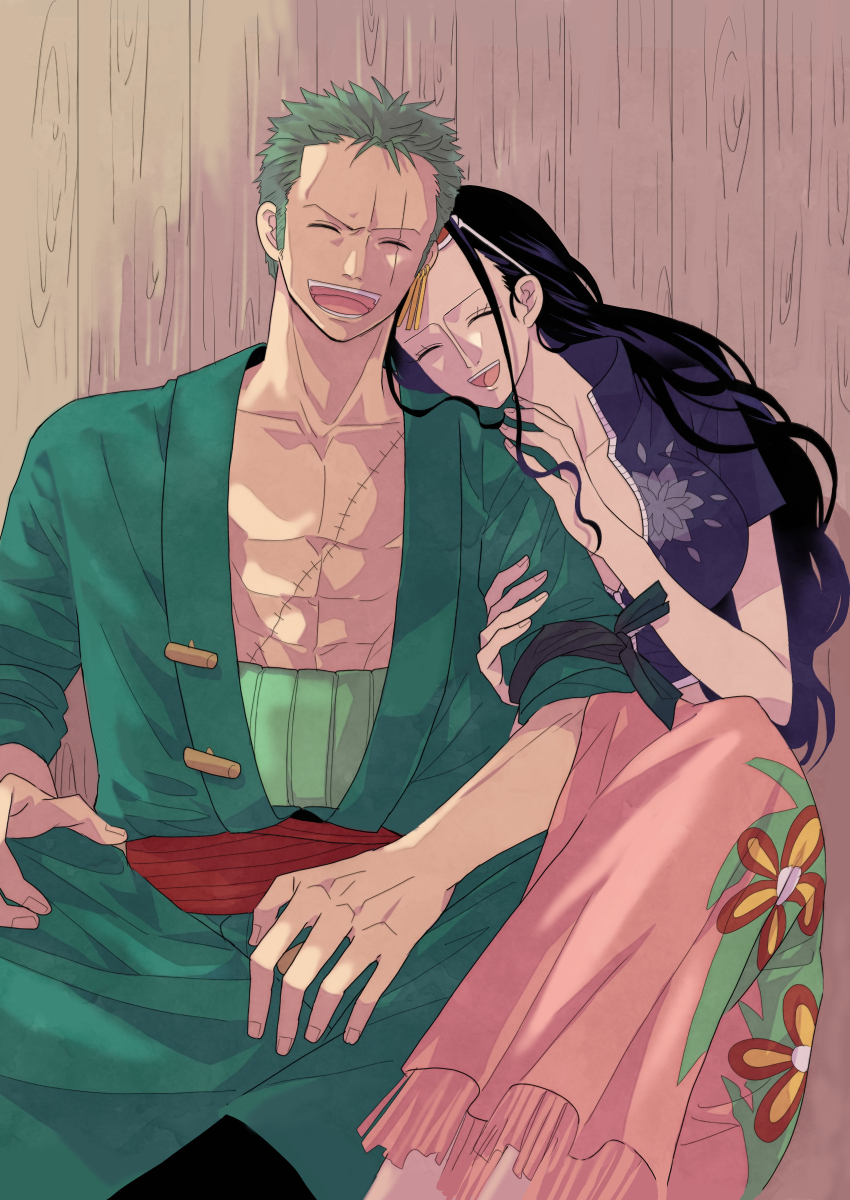 1boy, 1girl, abs, absurdres, black_hair, blue_jacket, breasts, closed_eyes