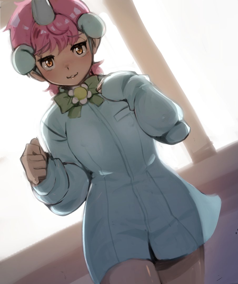 1girl, :3, animal_ears, blush, bow, bowtie, cowboy_shot, extra_ears, green_bow, green_bowtie, hair_between_eyes, horse_ears, horse_girl, kemono_friends, long_shirt, long_sleeves, looking_at_viewer, orange_eyes, pink_hair, puffy_sleeves, riri_(dgra3272), shirt, short_hair, sidelocks, solo, unico, unico_(kemono_friends), unicorn_horn, white_shirt