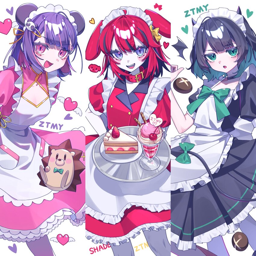 3girls, alternate_costume, animal_ears, apron, black_hair, cake, cake_slice, chinese_clothes