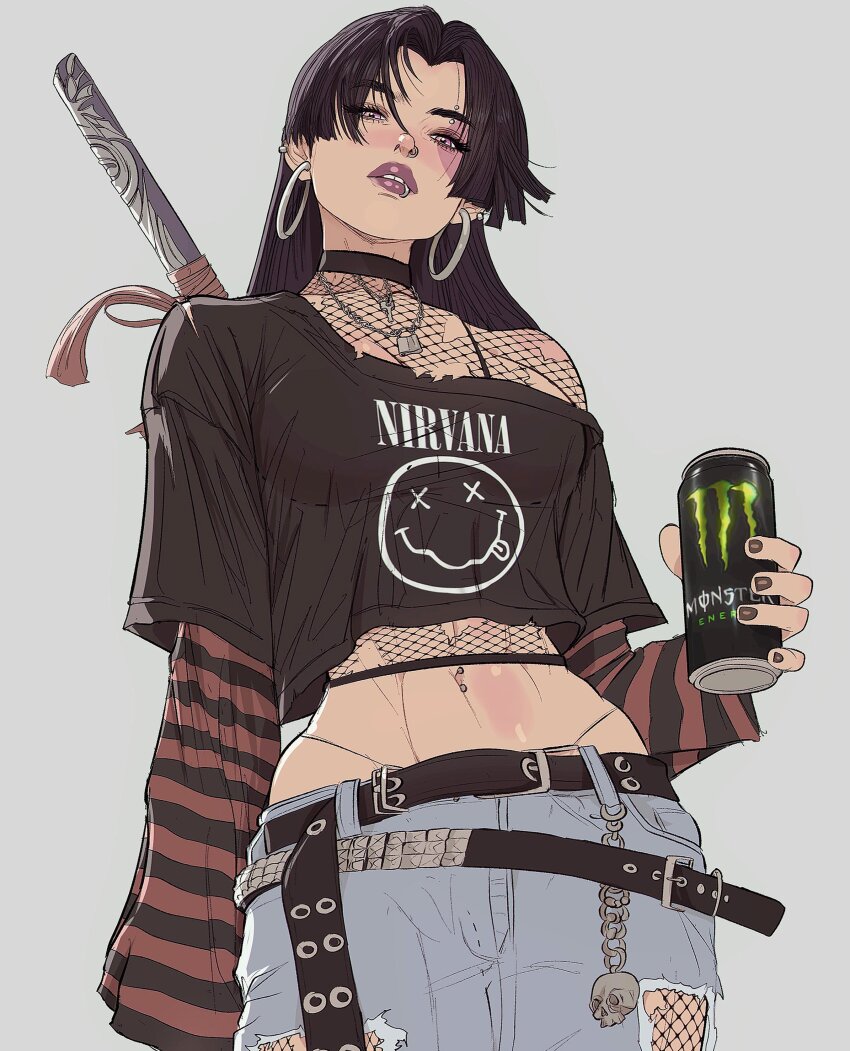 1girl, absurdres, arm_warmers, belt, black_hair, choker, denim, earrings, grunge_(fashion), highres, jeans, jewelry, long_hair, looking_at_viewer, marvel, marvel_rivals, monster_energy, navel, nirvana_(band), pants, psylocke, psylocke_(vengeance), purple_eyes, solo, striped_arm_warmers, sword, weapon, x-men, yoracrab