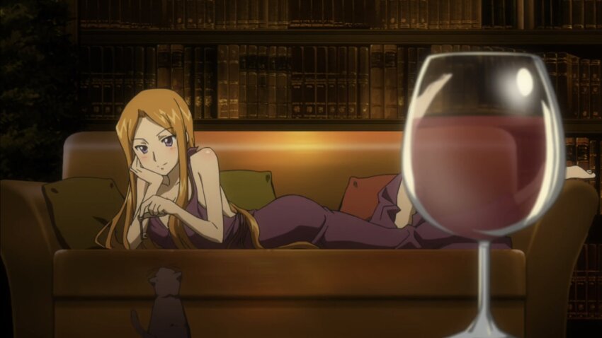 1girl, bare_shoulders, blush, breasts, campione!, dress, female_focus, full_body, highres, long_hair, looking_at_viewer, lucretia_zola, orange_hair, purple_dress, smiley_face