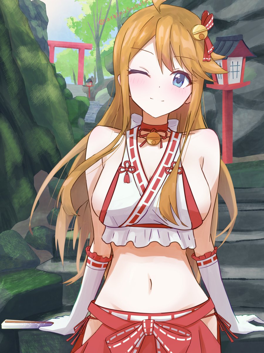 1girl, ahoge, arm_support, armpit_crease, asymmetrical_bangs, bare_shoulders, bell, bikini