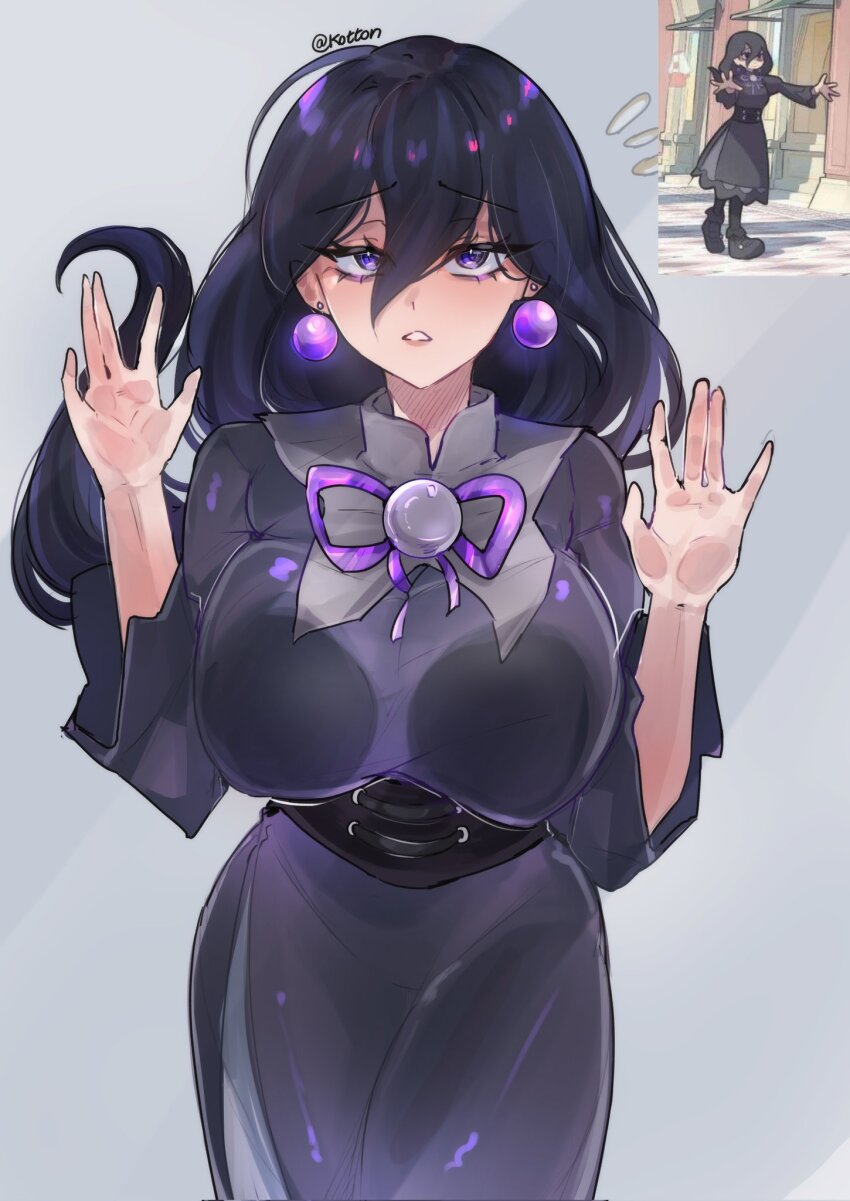1girl, against_fourth_wall, alternate_breast_size_(larger), black_dress, black_hair, breast_press, breasts, commentary
