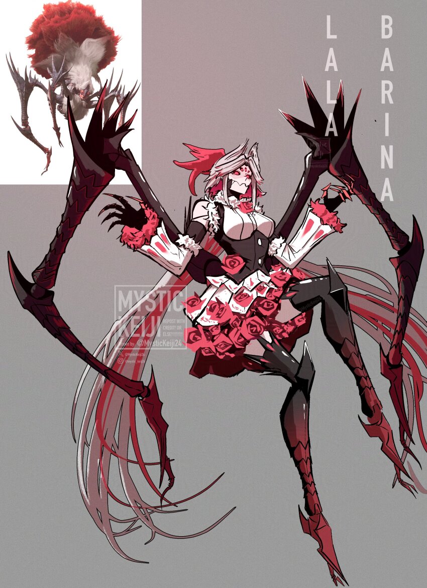 1girl, absurdres, arthropod_girl, arthropod_limbs, artist_name, bare_shoulders, breasts, claws, dress, extra_eyes, flower, full_body, highres, insect_girl, instagram_logo, instagram_username, lala_barina_(monster_hunter_wilds), long_hair, looking_at_viewer, medium_breasts, monster_girl, monster_hunter_(series), monster_hunter_wilds, multicolored_hair, mystickeiji24, personification, red_flower, red_hair, red_rose, reference_inset, rose, simple_background, spider_girl, twitter_username, two-tone_hair, very_long_hair, white_hair