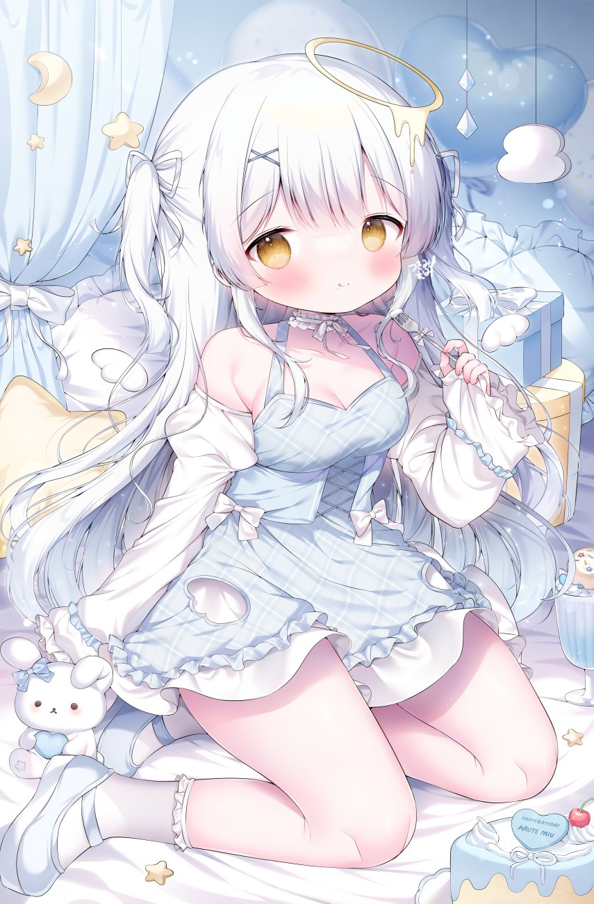 1girl, angel_wings, arute_miu, blue_corset, blue_dress, blue_shoes, blush, bow, breasts, cleavage, closed_mouth, commentary_request, corset, detached_sleeves, detached_wings, dress, fork, frilled_dress, frilled_sleeves, frilled_socks, frills, full_body, hair_ornament, hair_ribbon, halo, highres, holding, holding_fork, indie_virtual_youtuber, juliet_sleeves, kneeling, long_hair, long_sleeves, mary_janes, melting_halo, official_art, puffy_sleeves, ribbon, shoes, sleeveless, sleeveless_dress, smile, socks, stuffed_animal, stuffed_rabbit, stuffed_toy, tsukimi_mumi, two_side_up, very_long_hair, virtual_youtuber, white_bow, white_ribbon, white_sleeves, white_socks, white_wings, wings, x_hair_ornament, yellow_halo