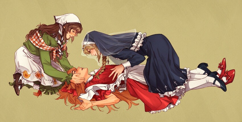 3girls, apron, black_dress, black_shoes, black_veil, blush, braid, braided_ponytail, brown_hair, brown_shoes, commentary, cross, cross_necklace, cross_print, dress, elise_liedl, eye_contact, fff_threesome, footwear_ribbon, freya_(little_goody_two_shoes), frilled_dress, frills, green_dress, group_sex, hair_spread_out, hand_on_another's_stomach, hands_on_another's_head, hat, hat_ribbon, headscarf, high_heels, highres, jewelry, lebkuchen_(little_goody_two_shoes), lesly_oh, little_goody_two_shoes, long_hair, looking_at_another, lying, multiple_girls, necklace, nun, on_back, plaid_clothes, plaid_shawl, profile, red_dress, red_hair, red_ribbon, red_shoes, ribbon, shawl, shoes, socks, straddling, threesome, veil, very_long_hair, white_apron, white_headscarf, white_socks, white_trim, white_wrist_cuffs, wrist_cuffs, yuri