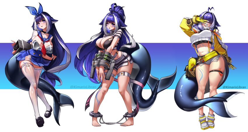 1girl, absurdres, ahoge, anchor_(nikke), anchor_(nikke)_(cosplay), blue_hair, breasts, choker, commentary, cosplay, cuffs, elegg_(nikke), elegg_(nikke)_(cosplay), english_commentary, full_body, gloves, goddess_of_victory:_nikke, highres, indie_virtual_youtuber, kimarislibran, large_breasts, long_hair, long_sleeves, looking_at_viewer, midriff, miniskirt, multicolored_hair, multiple_views, navel, ponytail, purple_eyes, quency_(nikke), quency_(nikke)_(cosplay), see-through_clothes, shackles, short_shorts, short_sleeves, shorts, shylily, skindentation, skirt, tail, teeth, thigh_strap, thighhighs, twitter_username, two-tone_hair, v, very_long_hair, virtual_youtuber, white_hair, zettai_ryouiki