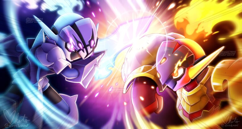 armarouge, blue_fire, blurry, ceruledge, commentary, emphasis_lines, eye_trail, fire