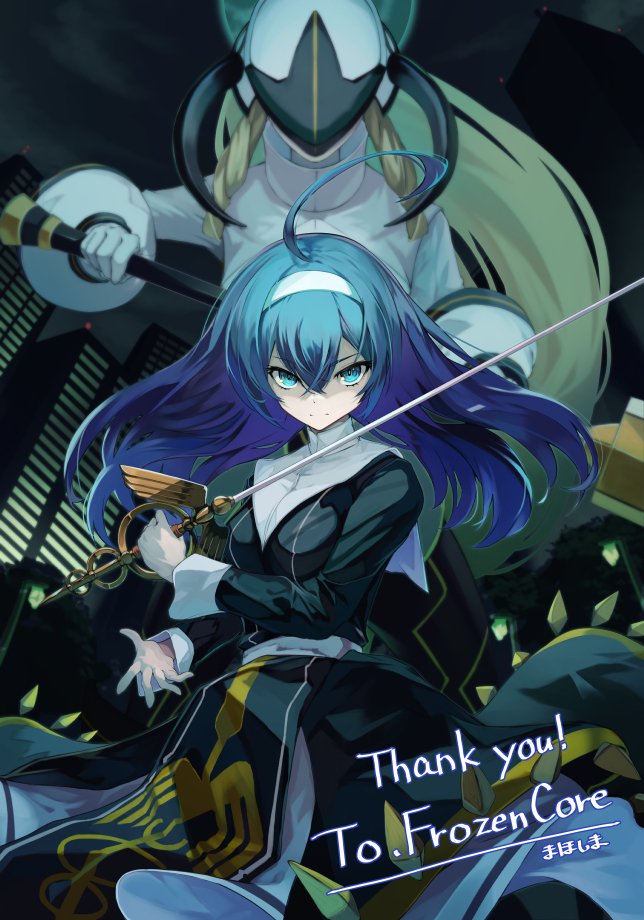 1girl, 2girls, ahoge, armor, armored_dress, blonde_hair, blue_eyes, blue_hair