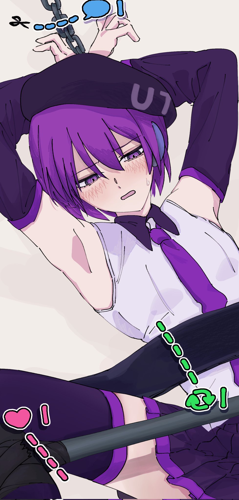 1girl, armpits, arms_up, bare_shoulders, beret, black_hat, black_skirt, black_sleeves, black_thighhighs, blush, chain, chained, collared_shirt, commentary_request, detached_sleeves, embarrassed, hakamada_tama, hat, headphones, highres, long_sleeves, miniskirt, necktie, pleated_skirt, purple_eyes, purple_hair, purple_necktie, shirt, short_hair, simple_background, skirt, sleeveless, sleeveless_shirt, solo, sweatdrop, thighhighs, utane_uta, utau, white_background, white_shirt, wing_collar